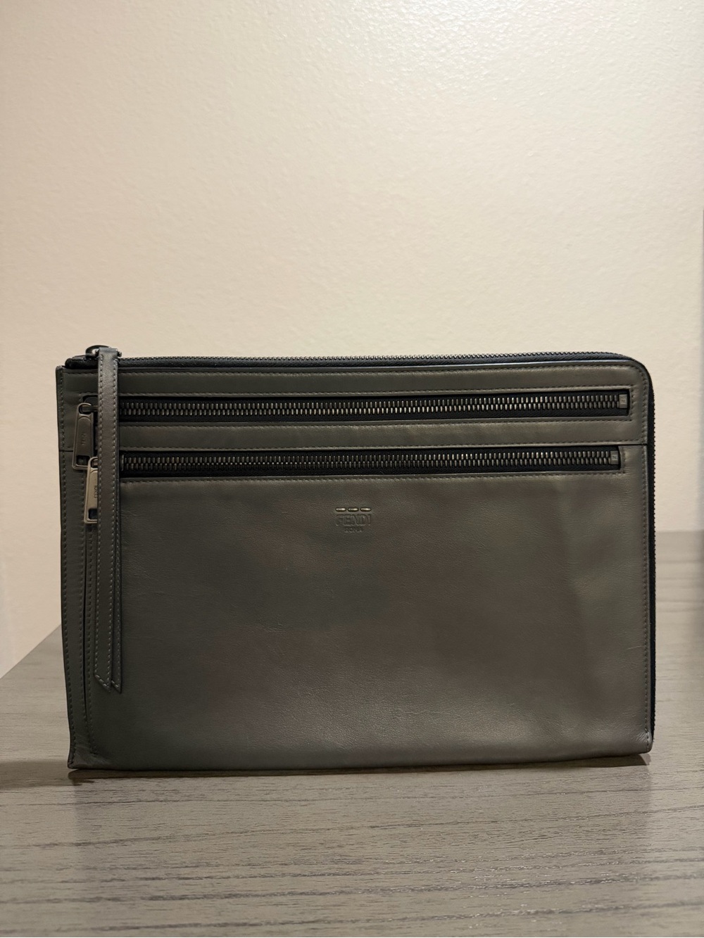 Fendi Men's Gray Leather Zip-Top Travel Pouch